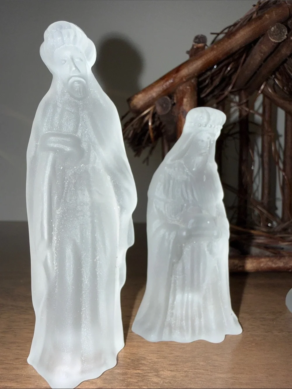 Frosted Glass Nativity Set with Rustic Wood Manger -